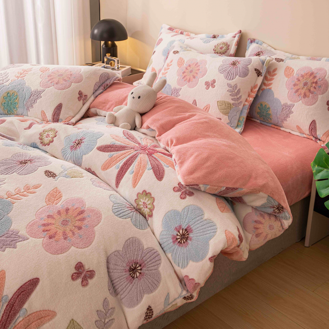 Lenjerie de pat dublu cocolino,4 piese cu elastic,alba cu floricele-A952 [3]