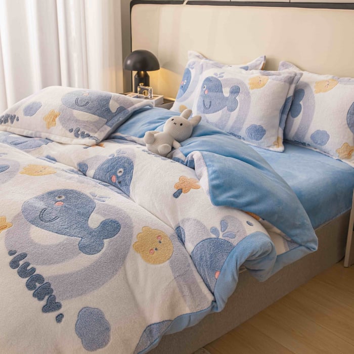 Lenjerie de pat dublu cocolino,4 piese cu elastic,bleu cu stelute-A603 [2]