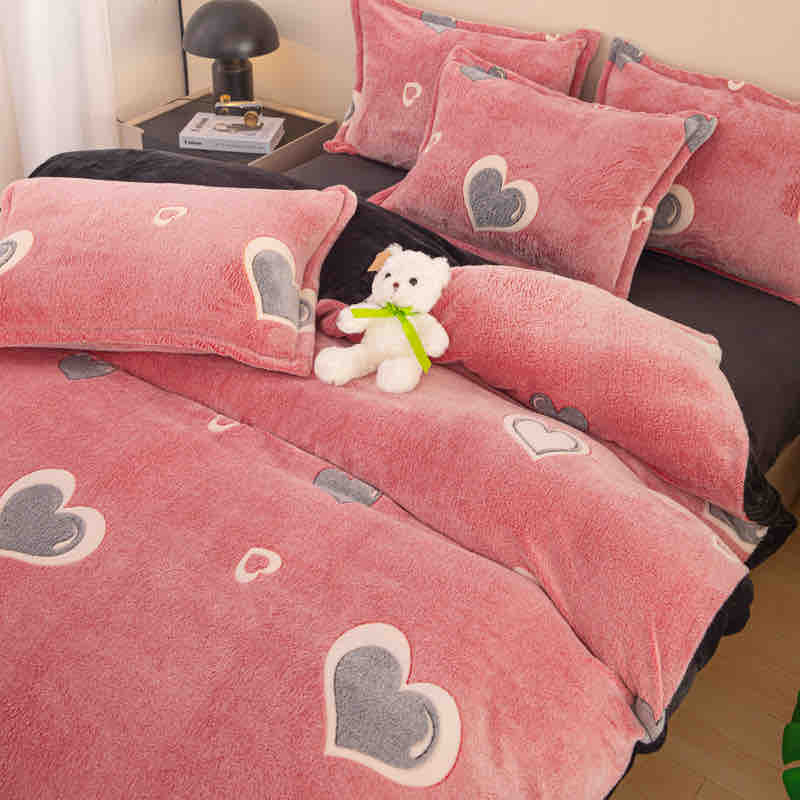 Lenjerie de pat dublu cocolino,4 piese cu elastic,roz cu inimioare-A956 [3]