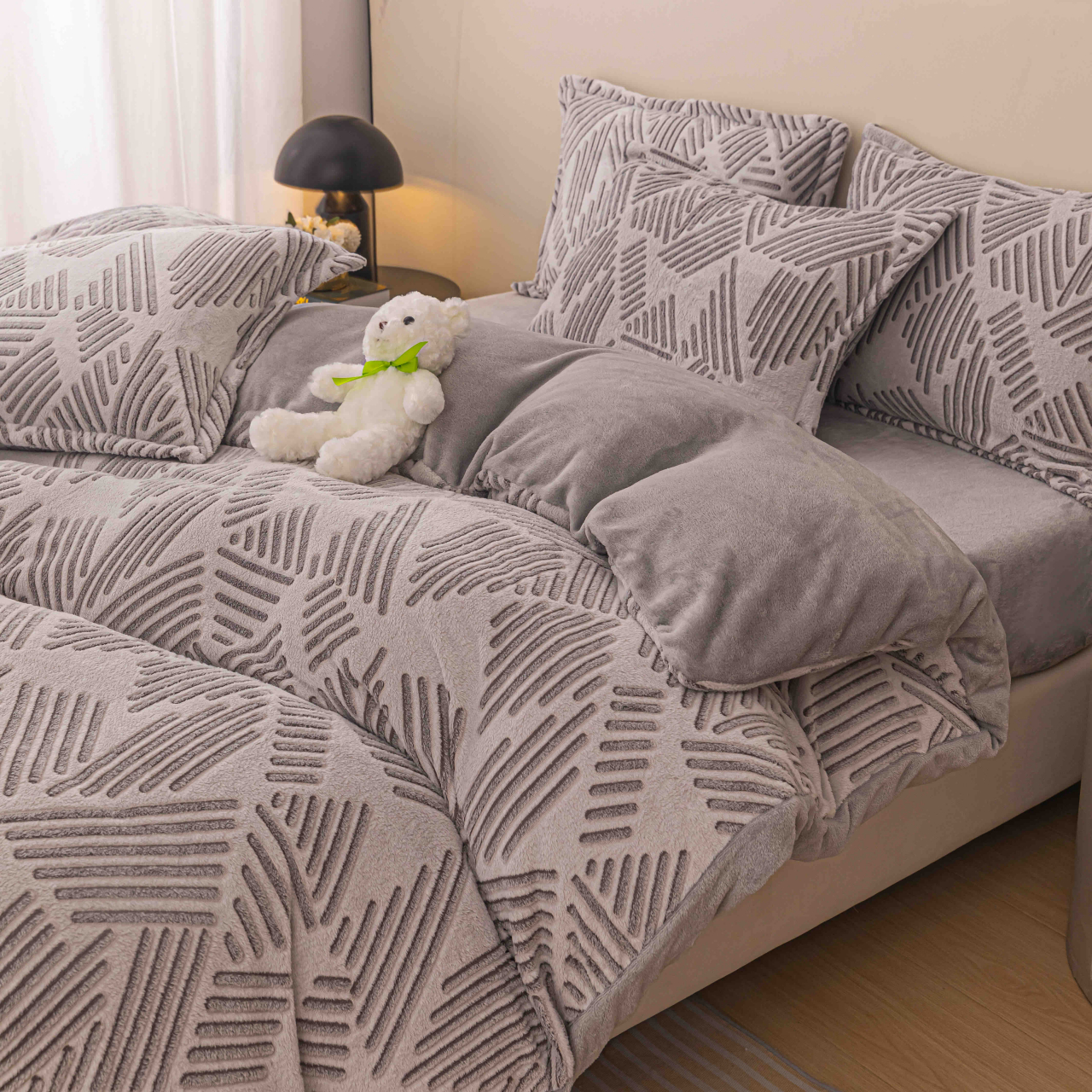 Lenjerie de pat dublu cocolino,4 piese cu elastic,gri cu dungi-A930 [2]