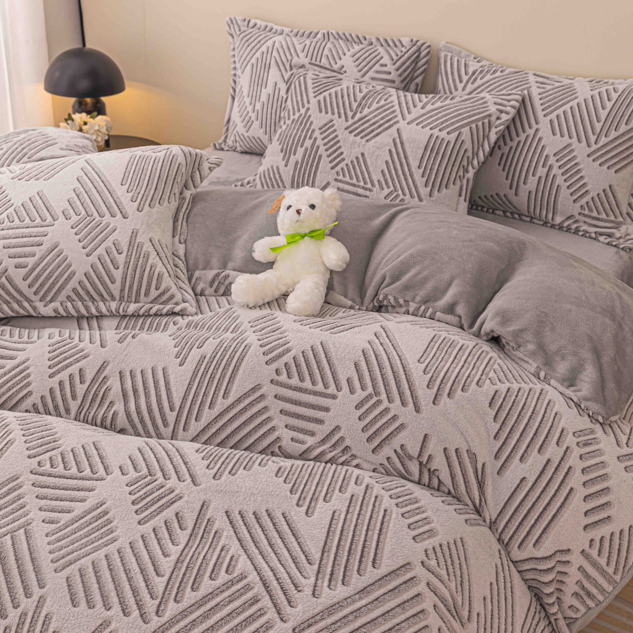 Lenjerie de pat dublu cocolino,4 piese cu elastic,gri cu dungi-A930 [3]