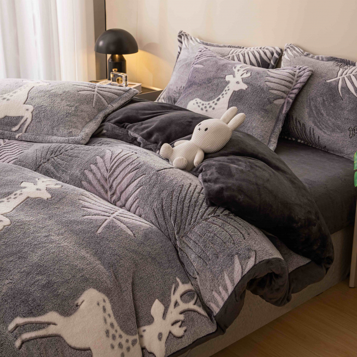 Lenjerie de pat dublu cocolino,4 piese cu elastic,gri cu reni-A606 [2]