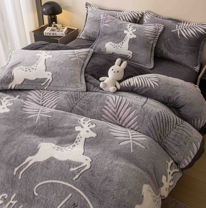 Lenjerie de pat dublu cocolino,4 piese cu elastic,gri cu reni-A606 [3]