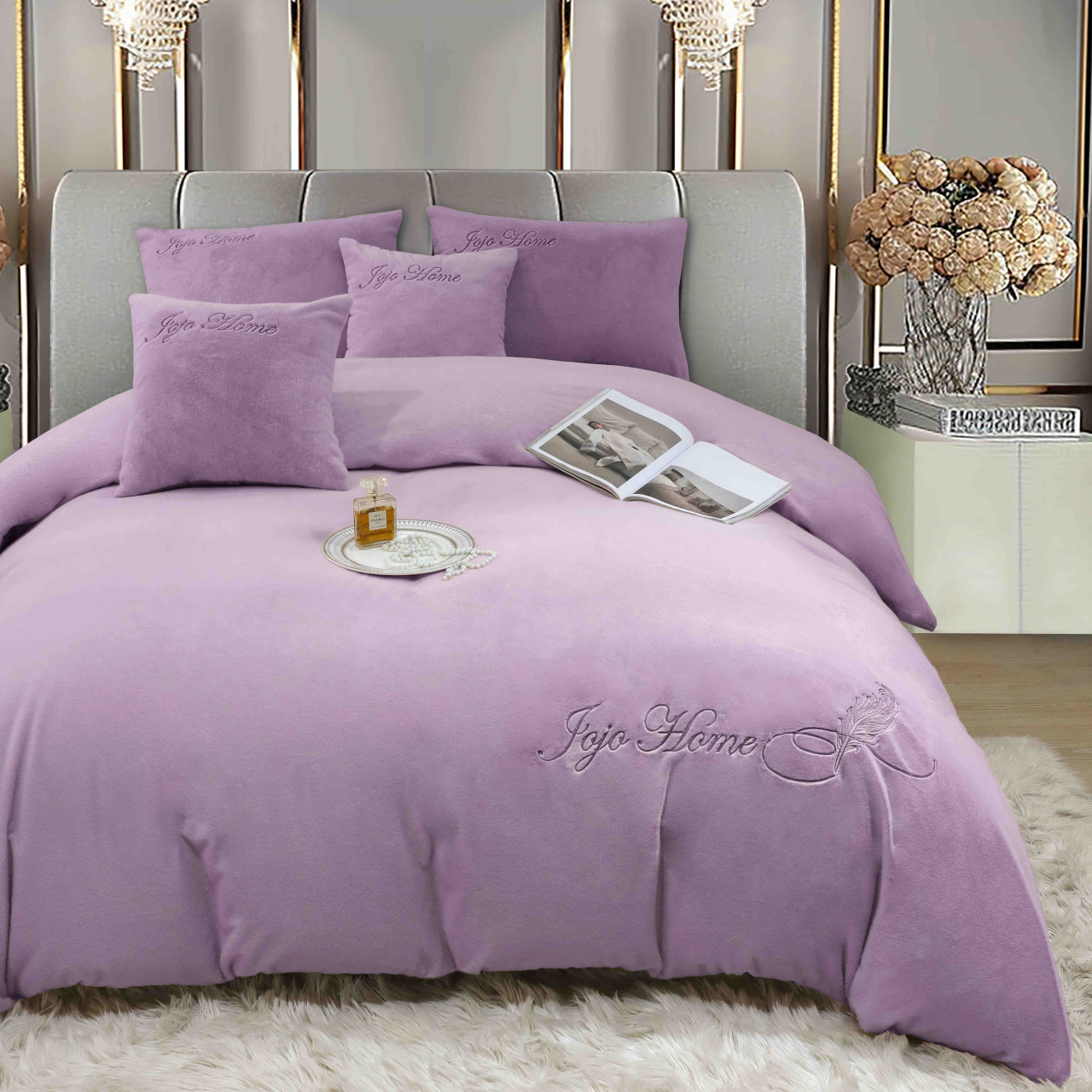 Lenjerie de pat dublu cocolino,blana de iepure cu fir scurt,6 piese.cearceaf de pat cu elastic,lila-A1446 [4]