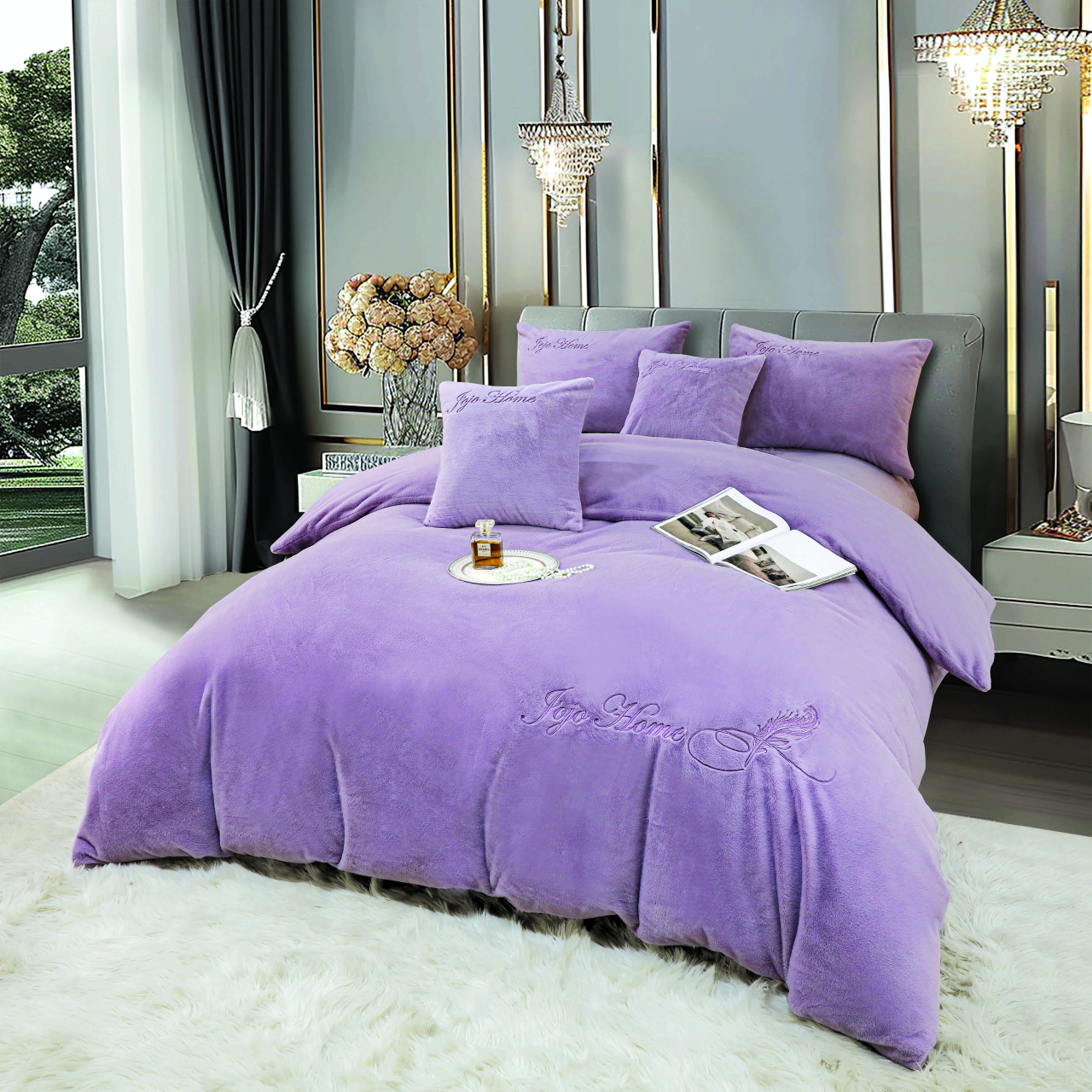 Lenjerie de pat dublu cocolino,blana de iepure cu fir scurt,6 piese.cearceaf de pat cu elastic,lila-A1446 [3]