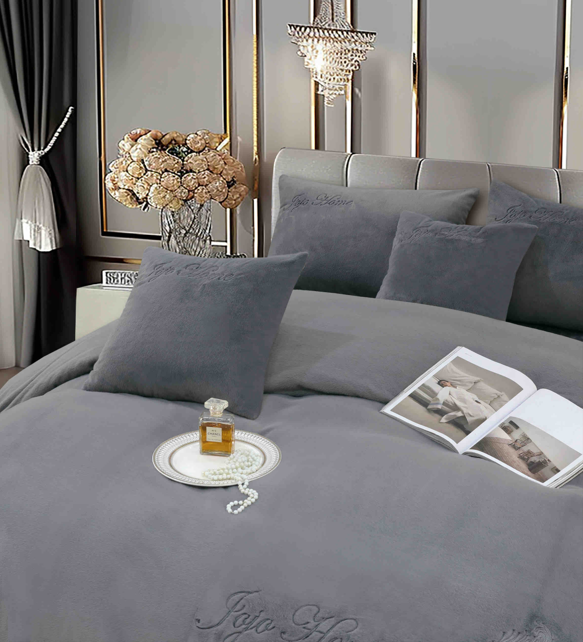 Lenjerie de pat dublu cocolino,blana de iepure cu fir scurt,6 piese.cearceaf de pat cu elastic,gri inchis-A1453 [4]