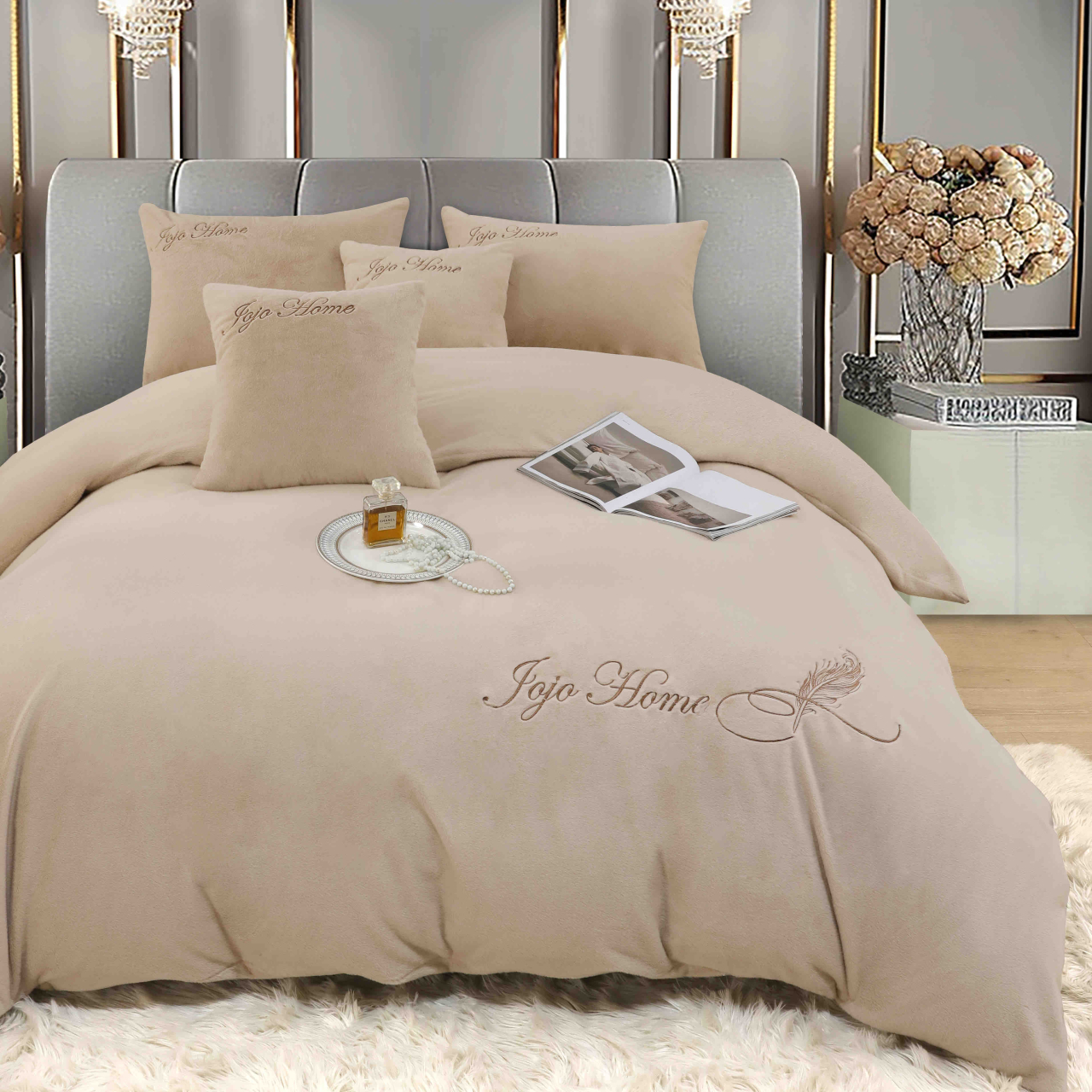 Lenjerie de pat dublu cocolino,blana de iepure cu fir scurt,6 piese.cearceaf de pat cu elastic,bej-A1450 [3]