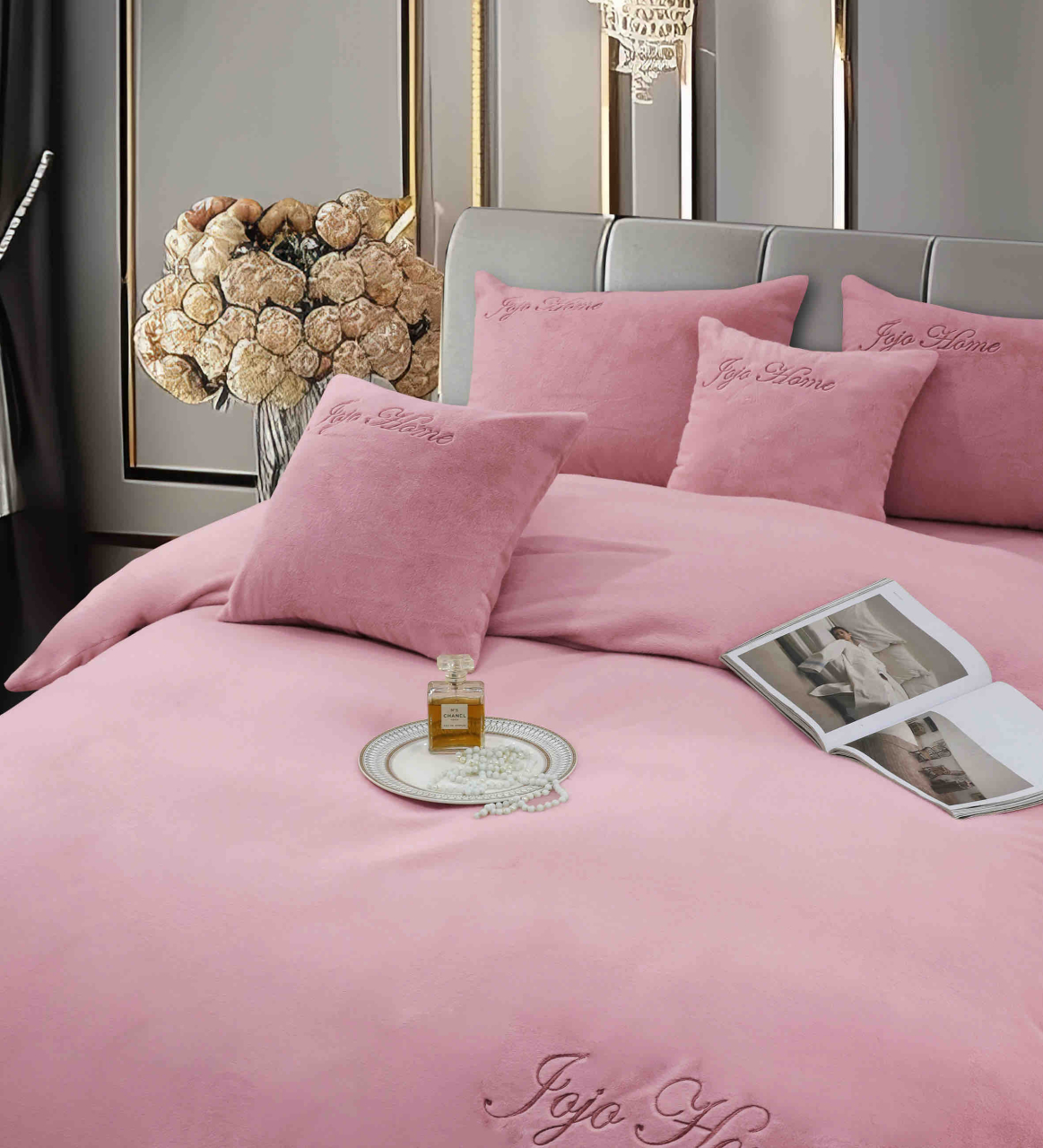 Lenjerie de pat dublu cocolino,blana de iepure cu fir scurt,6 piese.cearceaf de pat cu elastic,roz pudra-A1447 [2]