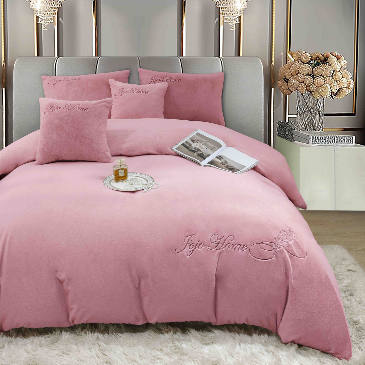 Lenjerie de pat dublu cocolino,blana de iepure cu fir scurt,6 piese.cearceaf de pat cu elastic,roz pudra-A1447 [3]