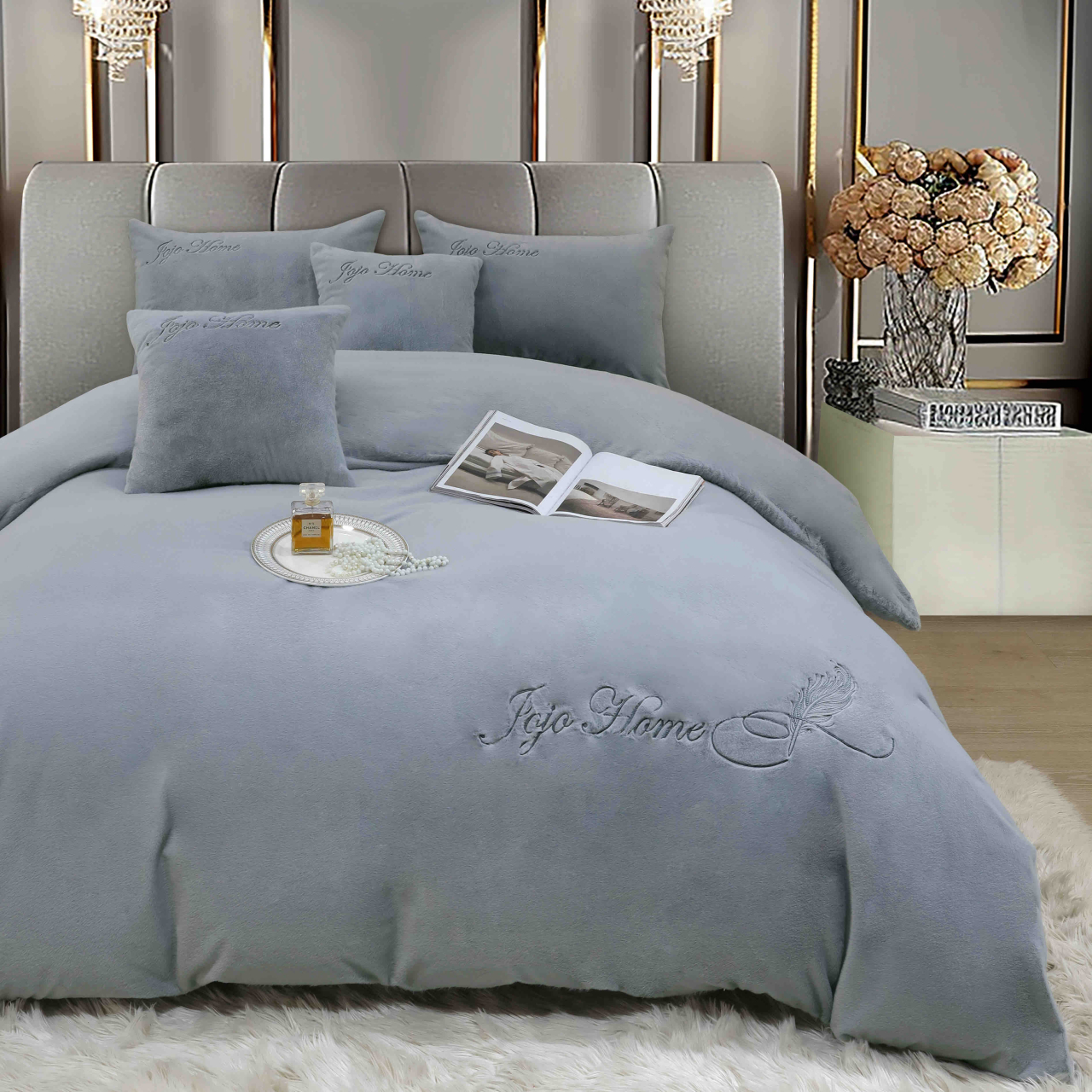 Lenjerie de pat dublu cocolino,blana de iepure cu fir scurt,6 piese.cearceaf de pat cu elastic,gri deschis-A1449 [2]