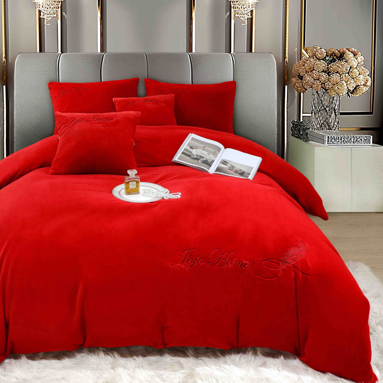 Lenjerie de pat dublu cocolino,blana de iepure cu fir scurt,6 piese.cearceaf de pat cu elastic,rosie-A1452 [3]