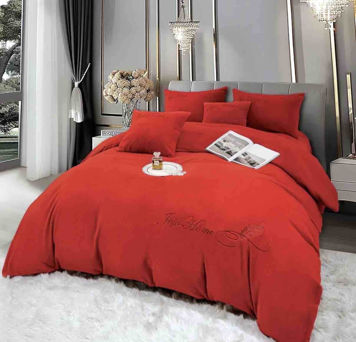 Lenjerie de pat dublu cocolino,blana de iepure cu fir scurt,6 piese.cearceaf de pat cu elastic,rosie-A1452 [2]