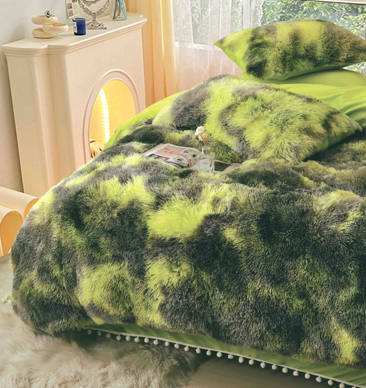 Lenjerie de pat dublu cocolino,super pufoasa fluffy,6 piese.cearceaf de pat normal,verde lime/verde inchis-A1422 [4]