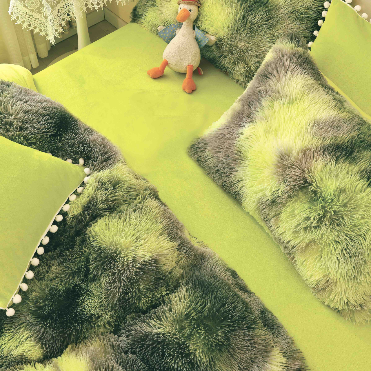 Lenjerie de pat dublu cocolino,super pufoasa fluffy,6 piese.cearceaf de pat normal,verde lime/verde inchis-A1422 [3]