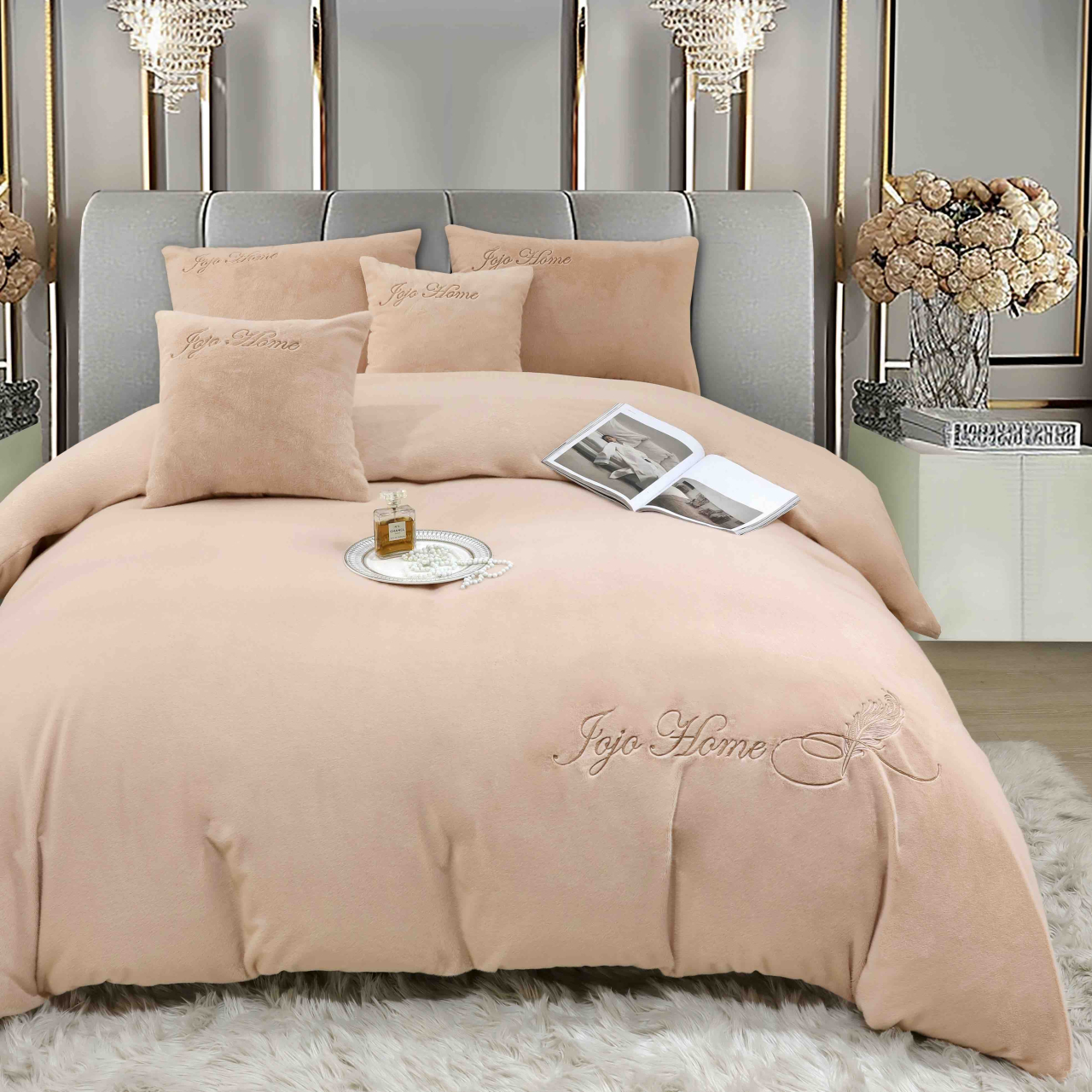 Lenjerie de pat dublu cocolino,blana de iepure cu fir scurt,6 piese.cearceaf de pat cu elastic,bej piersica-A1445 [4]