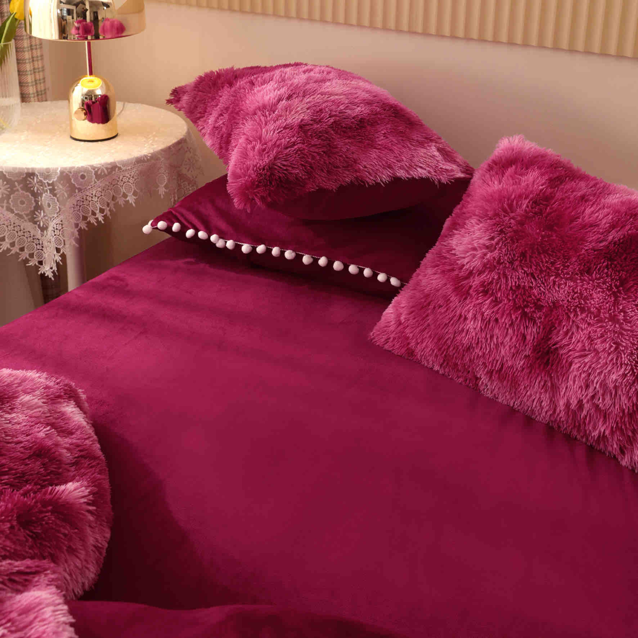 Lenjerie de pat dublu cocolino,super pufoasa fluffy,6 piese.cearceaf de pat normal,burgundy-A1421 [5]