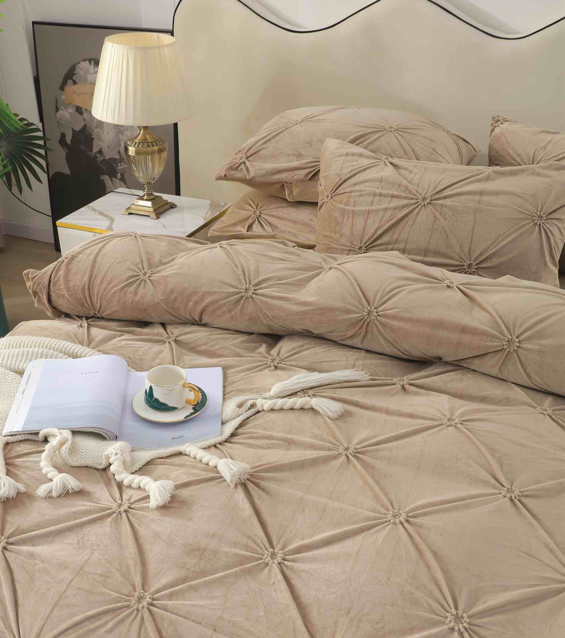 Lenjerie de pat dublu din catifea cu pliuri,cearceaf cu elastic,4 piese,bej- A1383 [4]