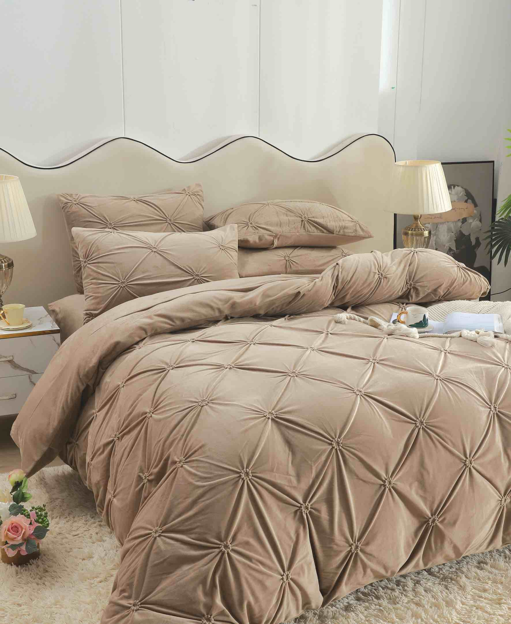 Lenjerie de pat dublu din catifea cu pliuri,cearceaf cu elastic,4 piese,bej- A1383 [2]