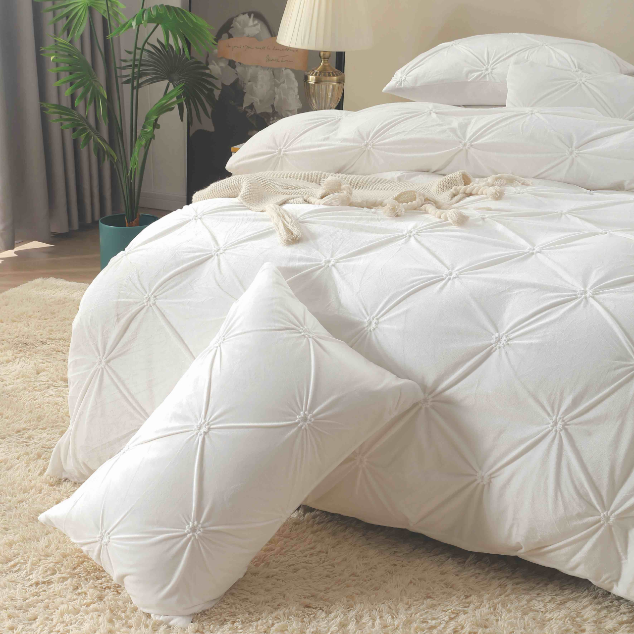 Lenjerie de pat dublu din catifea cu pliuri,cearceaf cu elastic,4 piese,alba- A1390 [4]