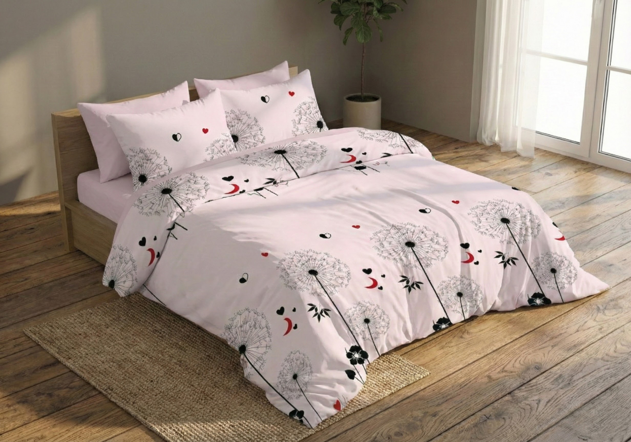 Lenjerie de pat bumbac finet 6 piese cearceaf elastic roz pudrat imprimeu floral cu papadii [4]