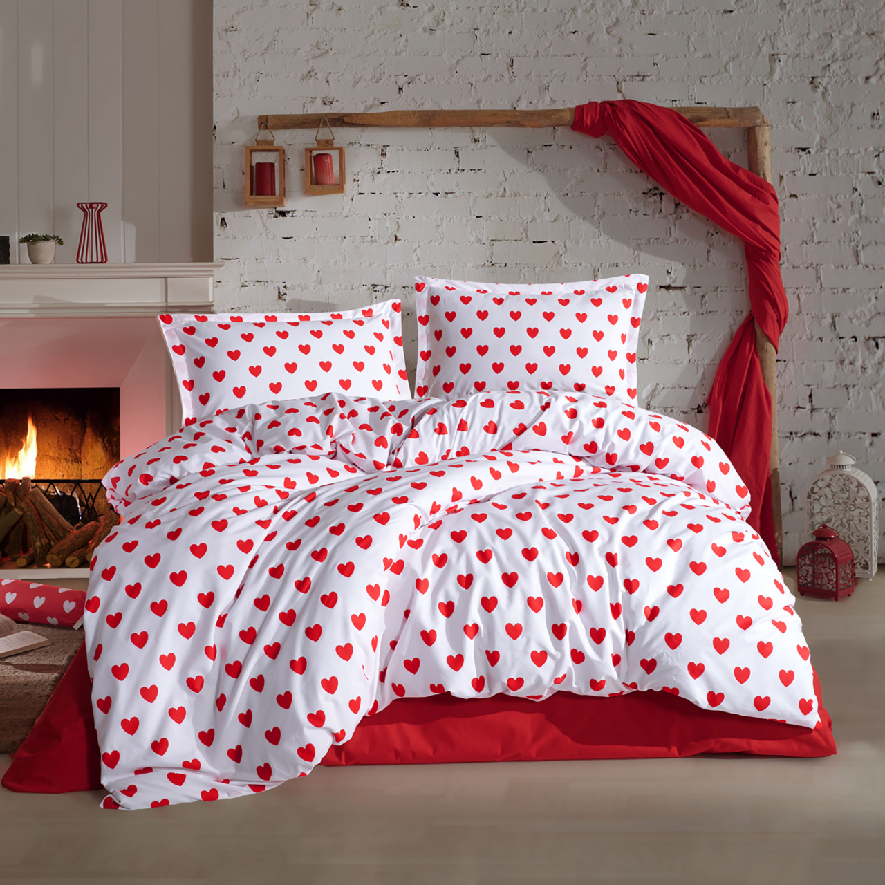 Lenjerie de pat ranforce Clasy King size, 4 piese, bumbac ranforce, alb, imprimeu cu inimioare rosii, AMOR V2 [1]
