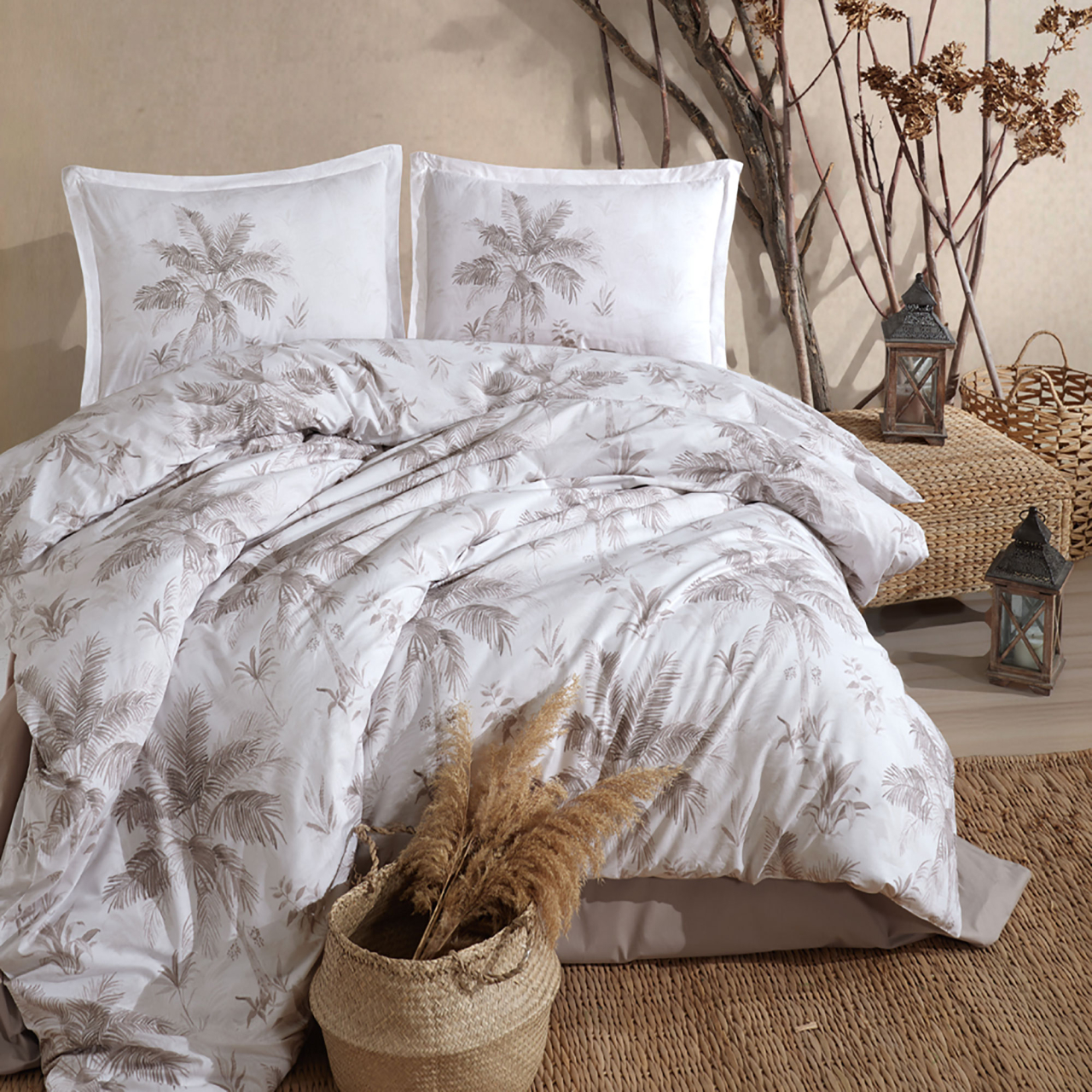Lenjerie de pat ranforce Clasy King size, 4 piese, bumbac ranforce, alb, imprimeu cu palmieri bej, LORETTO [1]