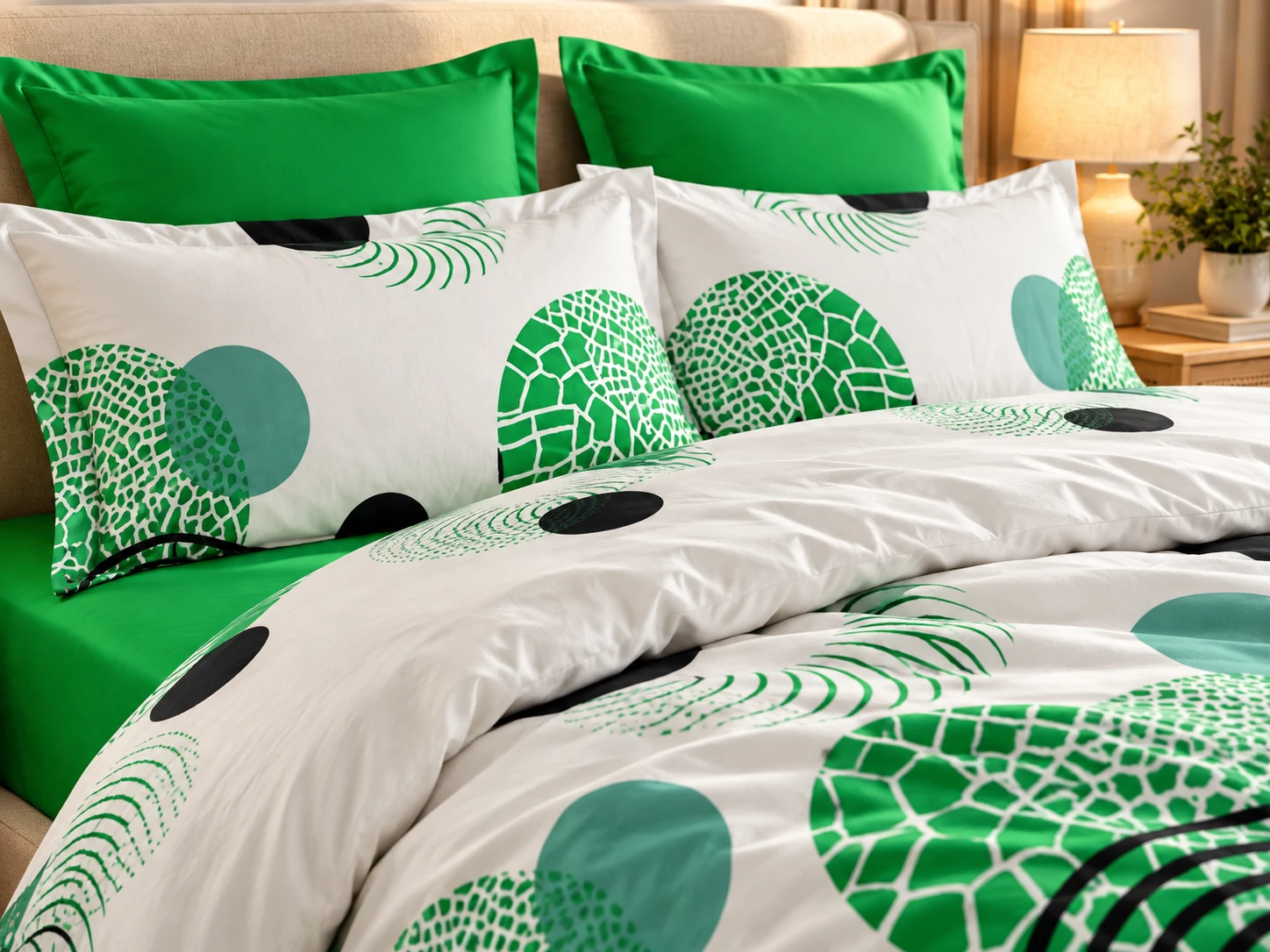 Lenjerie de pat bumbac finet, 6 piese, alb, verde si negru, cu forme geometrice [4]