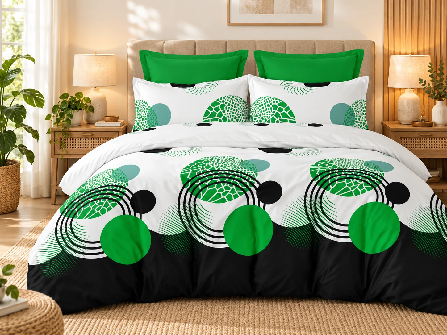 Lenjerie de pat bumbac finet, 6 piese, alb, verde si negru, cu forme geometrice [3]
