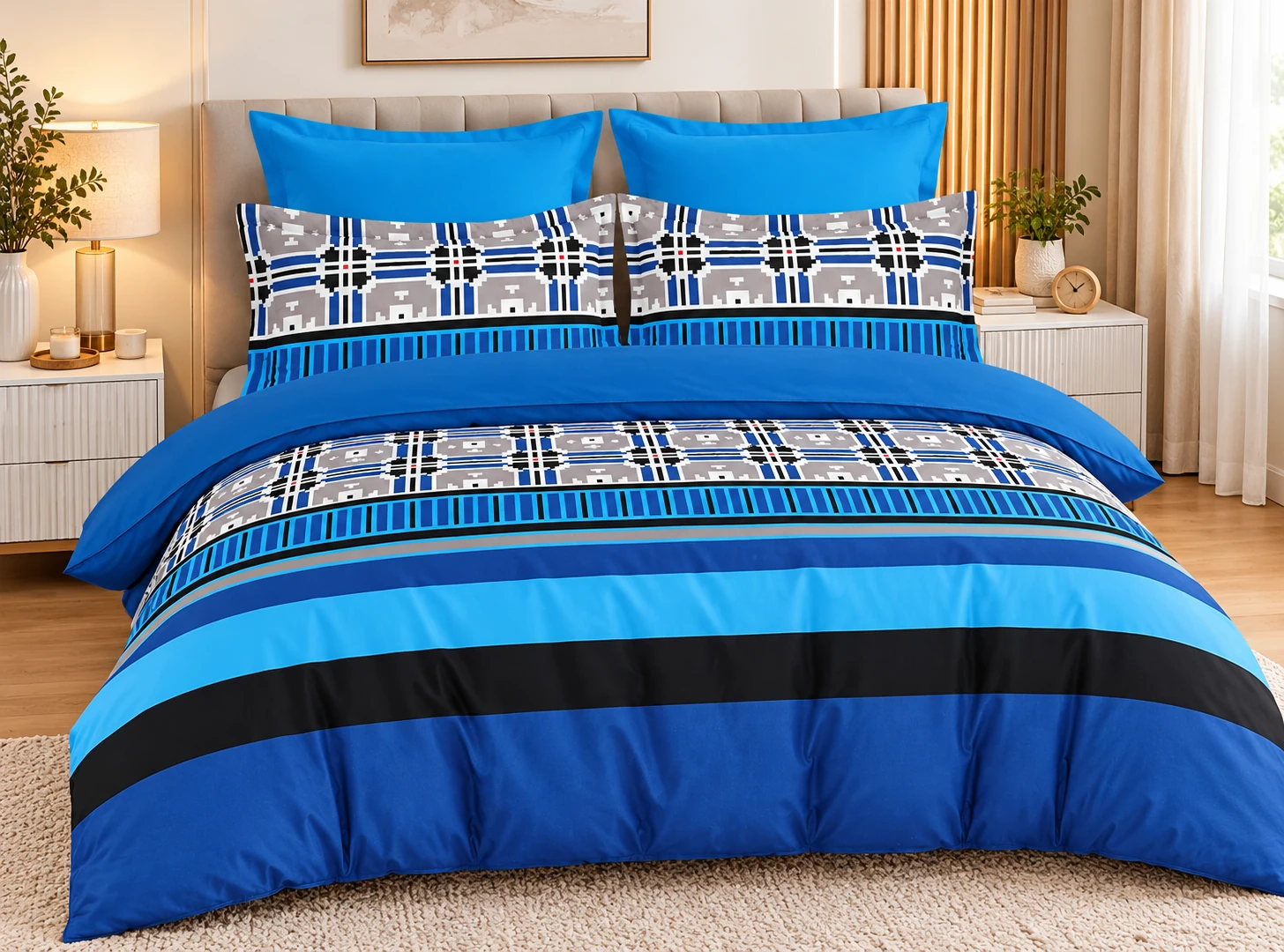 Lenjerie de pat bumbac finet, 6 piese, albastru, negru si gri, cu imprimeu geometric [5]
