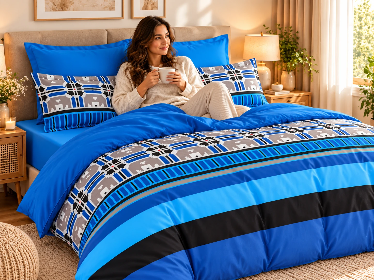 Lenjerie de pat bumbac finet, 6 piese, albastru, negru si gri, cu imprimeu geometric [4]