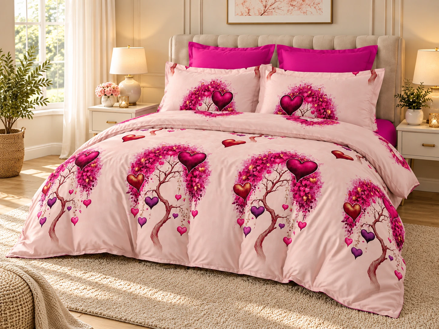 Lenjerie de pat bumbac finet, 6 piese, roz si fucsia, cu inimioare si copac decorativ [3]