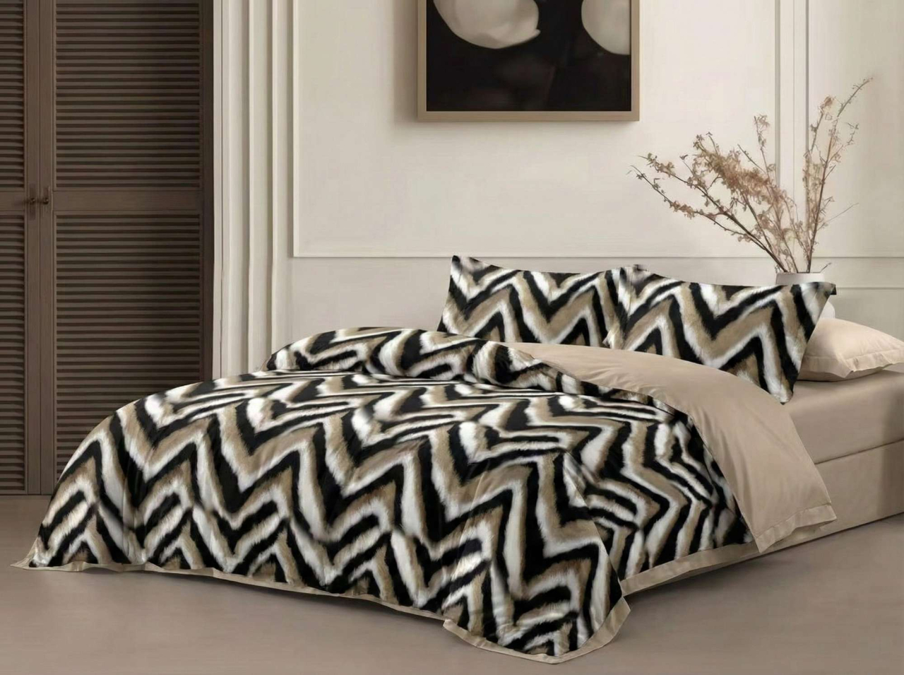 Lenjerie de pat bumbac finet maro cu forme geometrice si cearceaf de pat cu elastic [4]