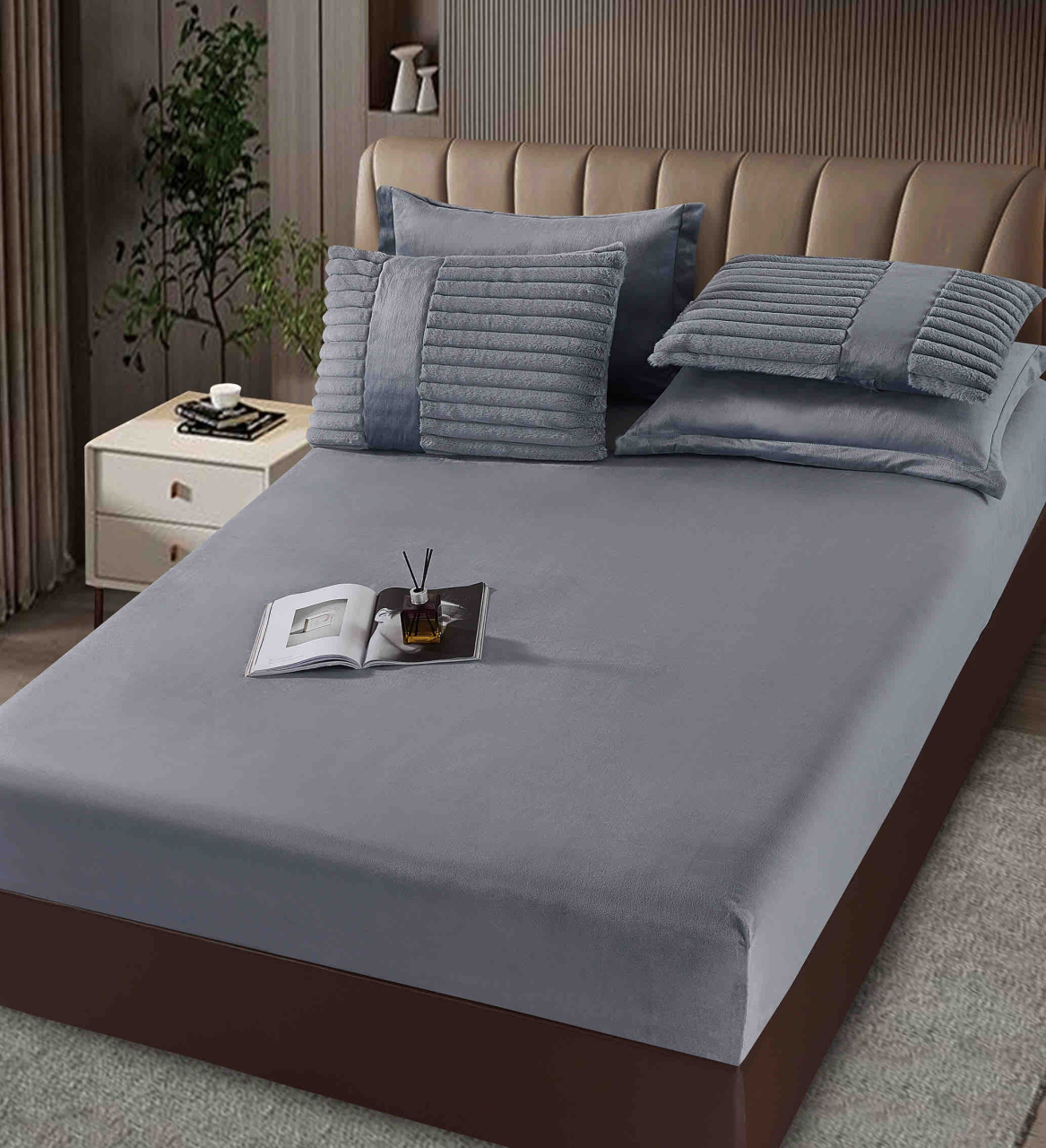 Lenjerie pat cu pilota inclusa din catifea si blanita artificiala de iepure,cearceaf cu elastic,gri inchis- A1211 [4]