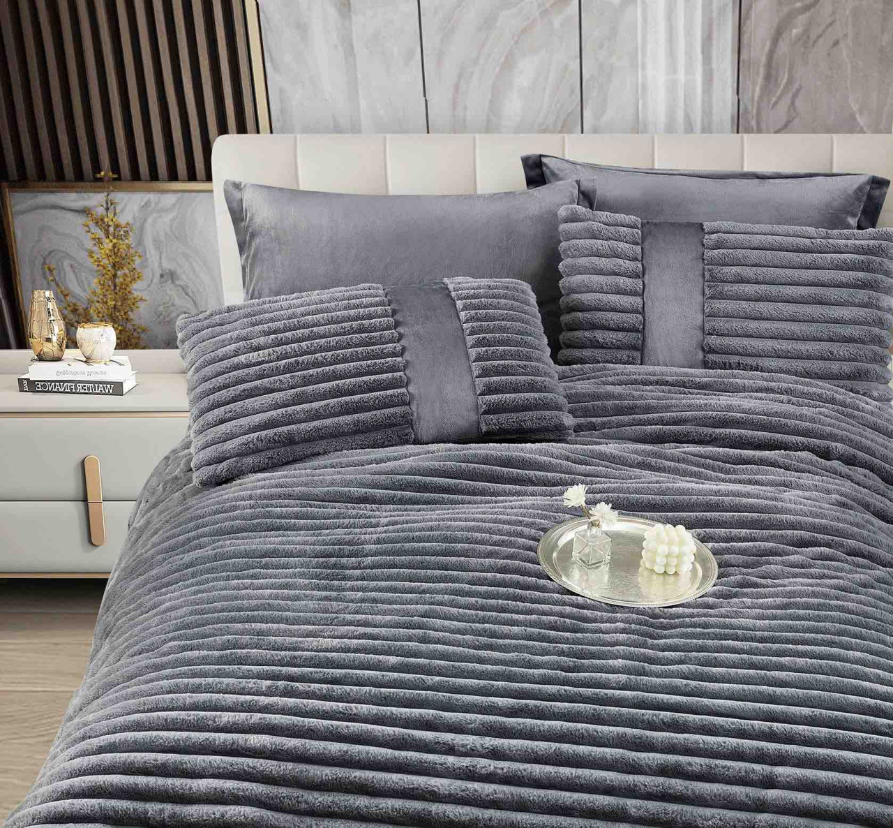 Lenjerie pat cu pilota inclusa din catifea si blanita artificiala de iepure,cearceaf cu elastic,gri inchis- A1211 [2]