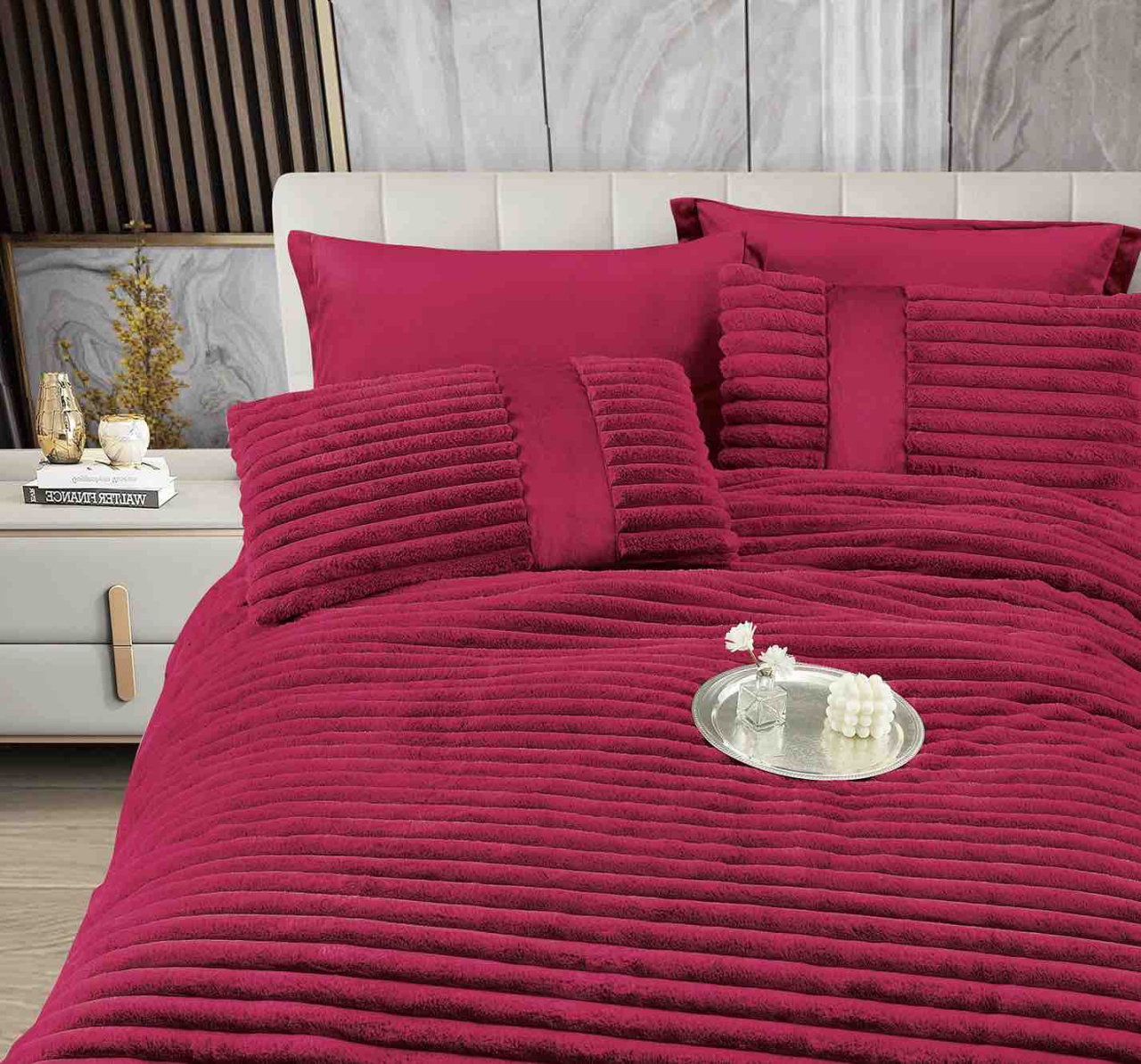 Lenjerie pat cu pilota inclusa din catifea si blanita artificiala de iepure,cearceaf cu elastic,visinie- A1213 [2]