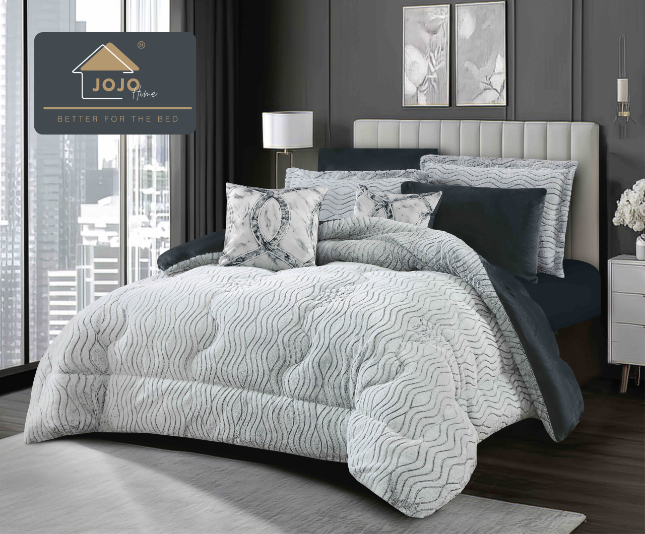 Lenjerie pat cu pilota inclusa din catifea si blanita artificiala de iepure cu doua fete,cearceaf cu elastic,gri inchis+alb - A1205 [2]