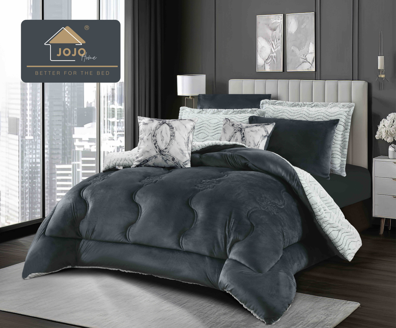 Lenjerie pat cu pilota inclusa din catifea si blanita artificiala de iepure cu doua fete,cearceaf cu elastic,gri inchis+alb - A1205 [1]