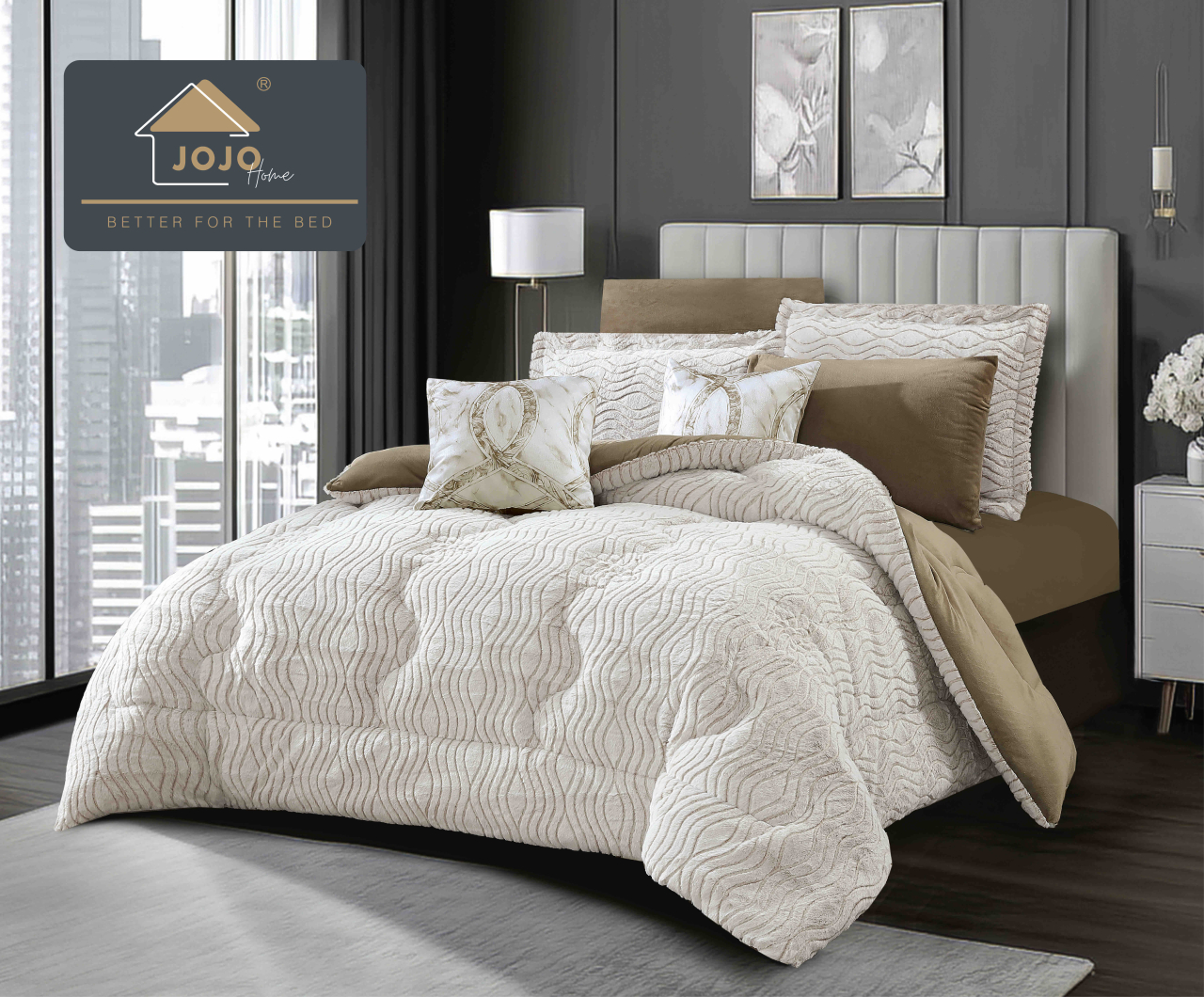 Lenjerie pat cu pilota inclusa din catifea si blanita artificiala de iepure cu doua fete,cearceaf cu elastic,maro+crem - A1207 [2]