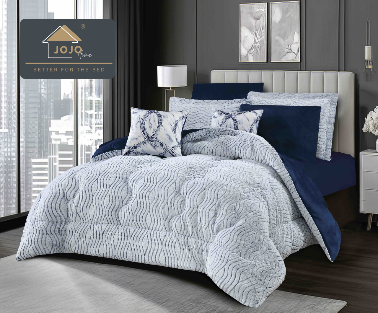 Lenjerie pat cu pilota inclusa din catifea si blanita artificiala de iepure cu doua fete,cearceaf cu elastic,bleumarin+alb - A1204 [2]