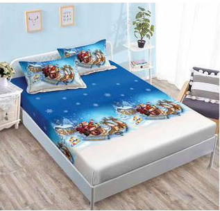 Lenjerie pat de Craciun cu elastic,pat dublu,bumbac finet,6 piese,albastra cu Mos Craciun-A643 [3]