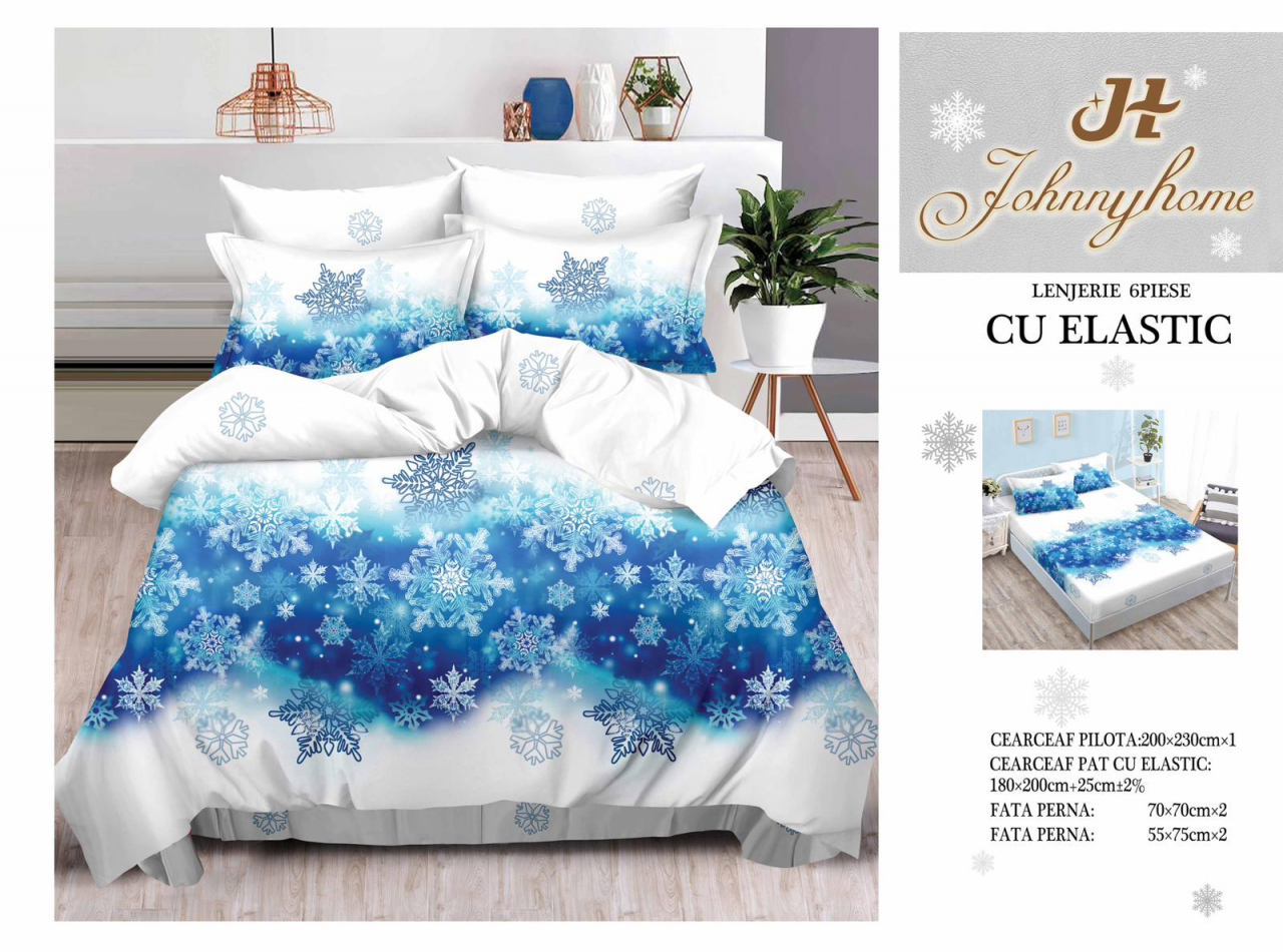 Lenjerie pat de Craciun cu elastic,pat dublu,bumbac finet,6 piese,alba cu fulgi de zapada-A639 [2]