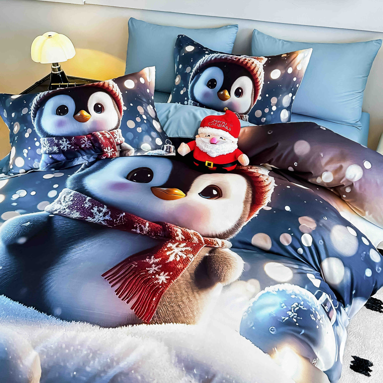 Lenjerie pat de Craciun cu elastic,pat dublu,bumbac finet,6 piese, imprimeu 5D pinguin cu fular rosu,albastra-A1191 [2]