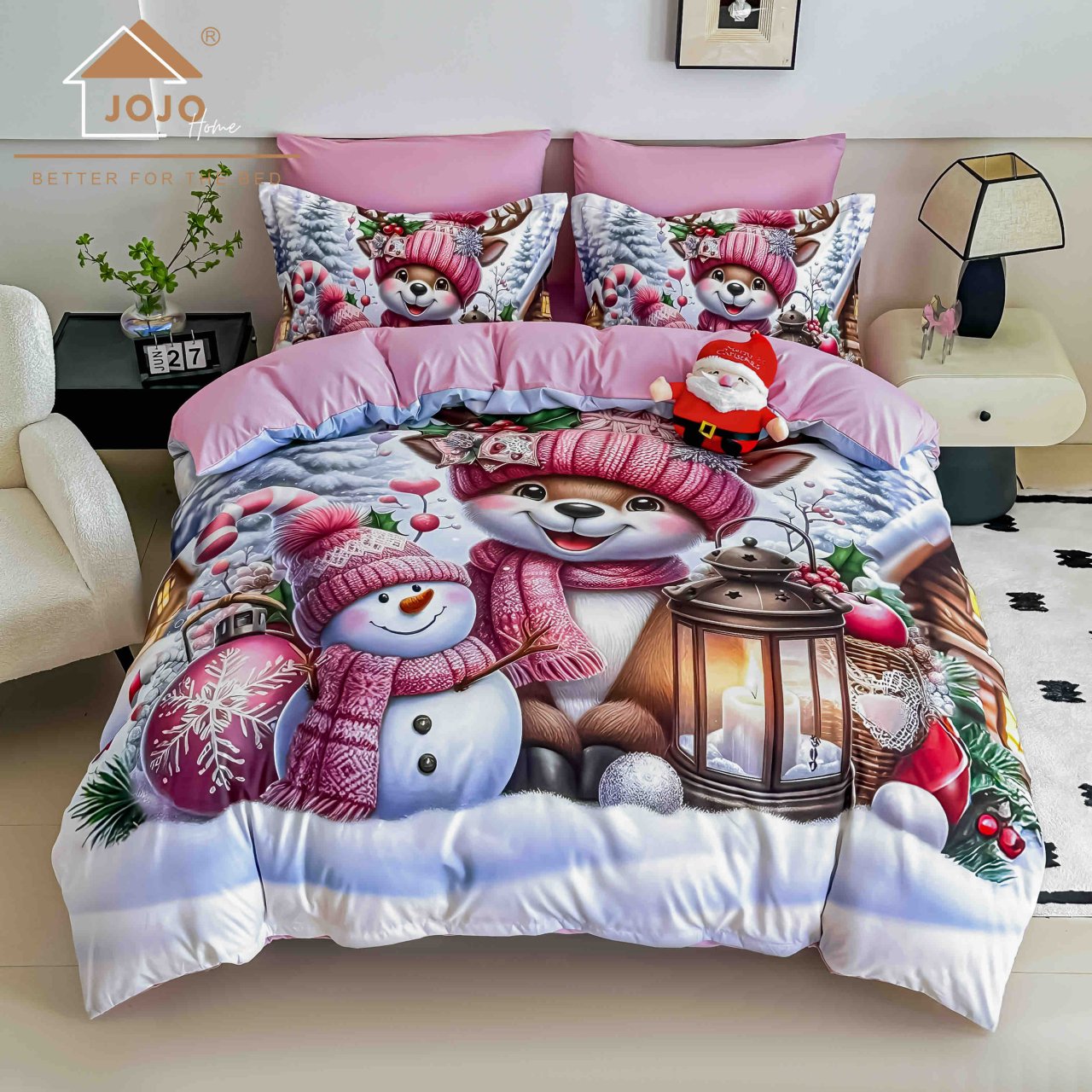 Lenjerie pat de Craciun cu elastic,pat dublu,bumbac finet,6 piese, imprimeu 5D ren cu caciula roz si felinar,roz-A1194 [1]