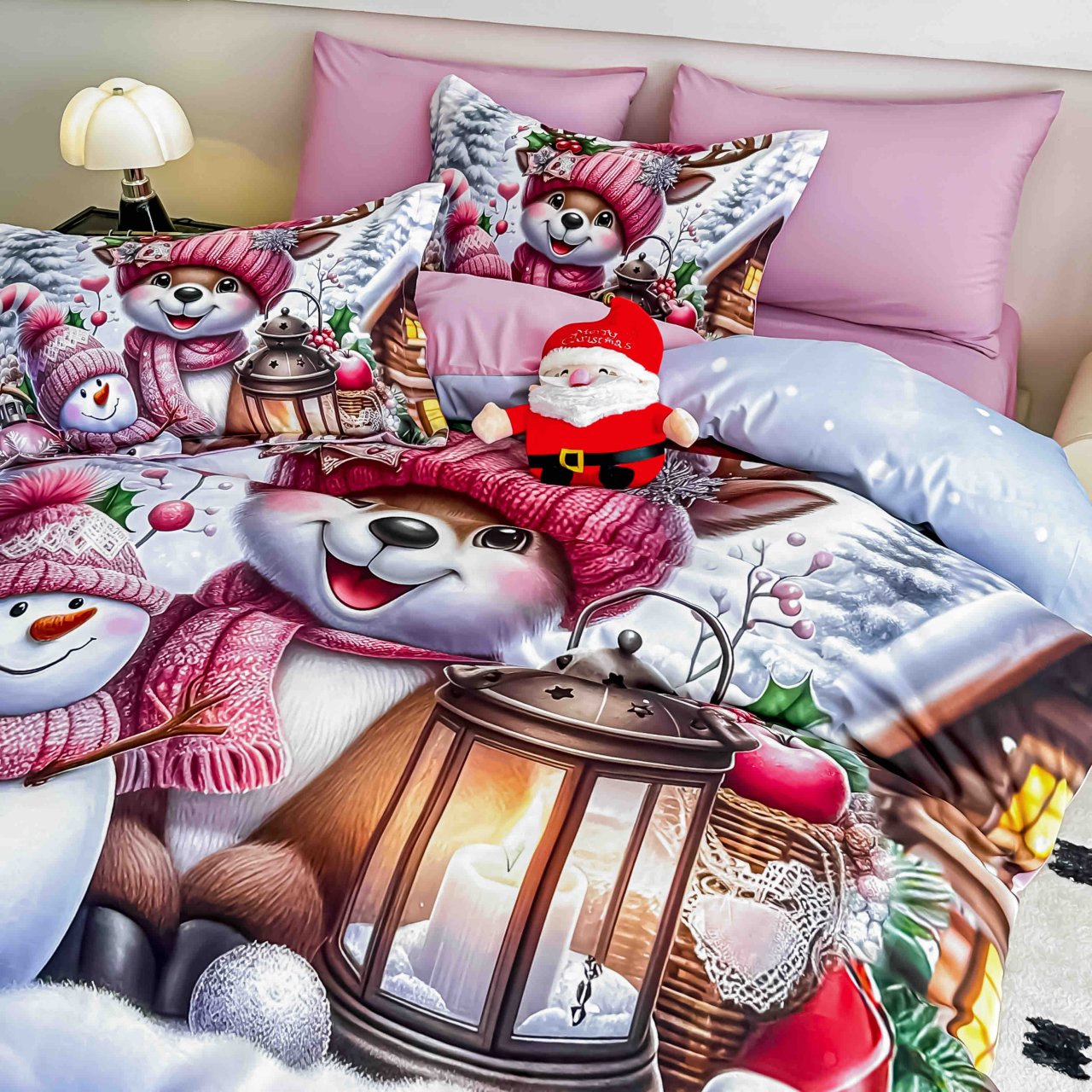 Lenjerie pat de Craciun cu elastic,pat dublu,bumbac finet,6 piese, imprimeu 5D ren cu caciula roz si felinar,roz-A1194 [2]