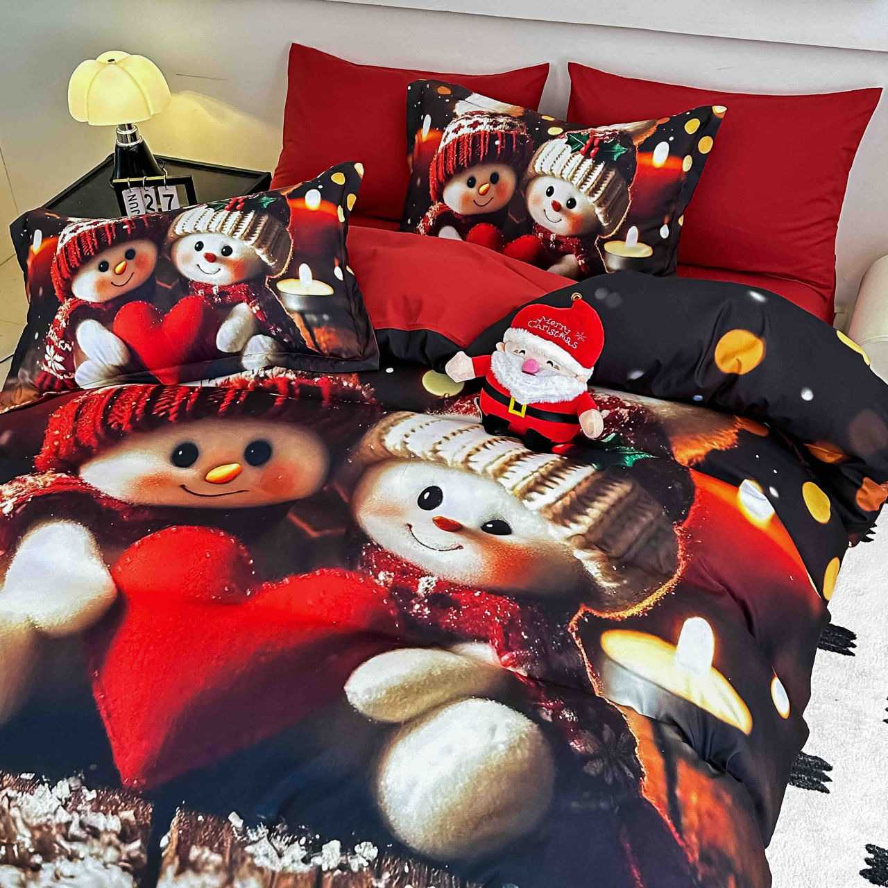 Lenjerie pat de Craciun cu elastic,pat dublu,bumbac finet,6 piese, imprimeu 5D Omul de zapada cu inima rosie-A1197 [2]