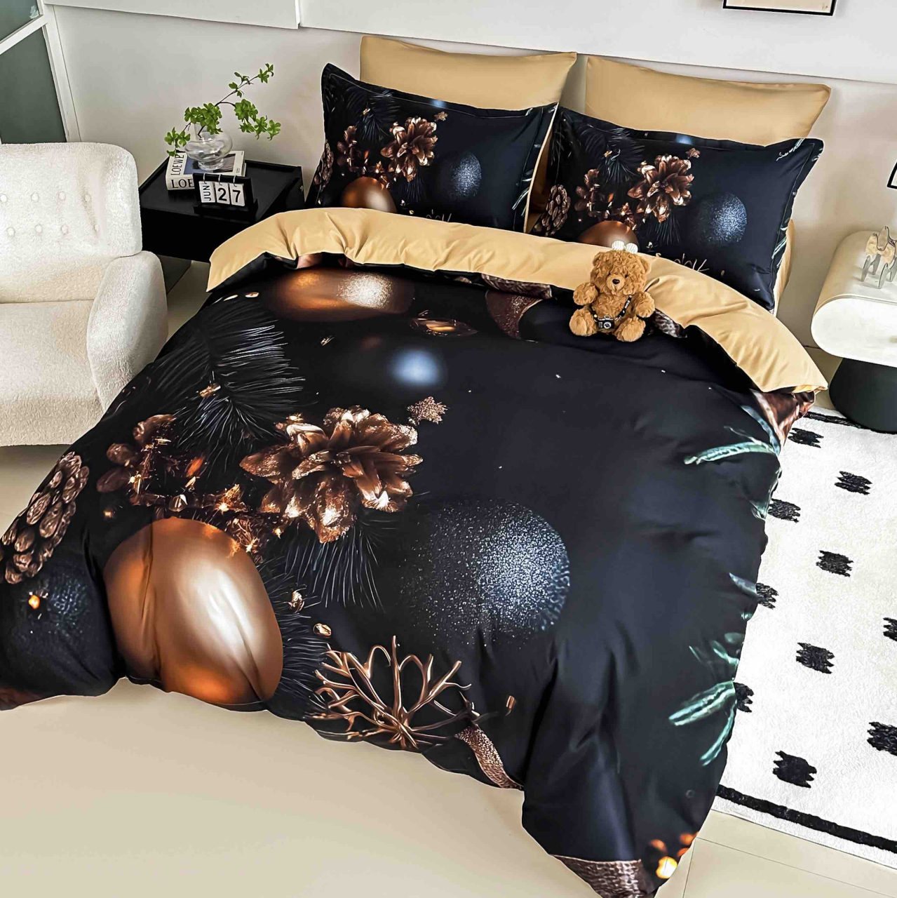 Lenjerie pat de Craciun cu elastic,pat dublu,bumbac finet,6 piese, imprimeu 5D globuri si conuri aurii-A1241 [2]