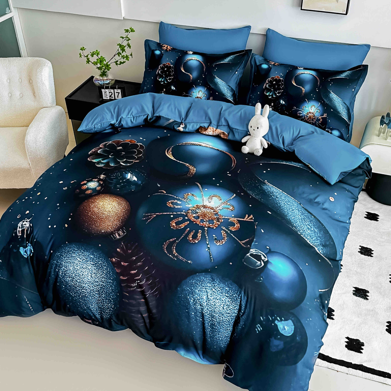 Lenjerie pat de Craciun cu elastic,pat dublu,bumbac finet,6 piese, imprimeu 5D globuri albastre si conuri de brad,albastra-A1193 [3]