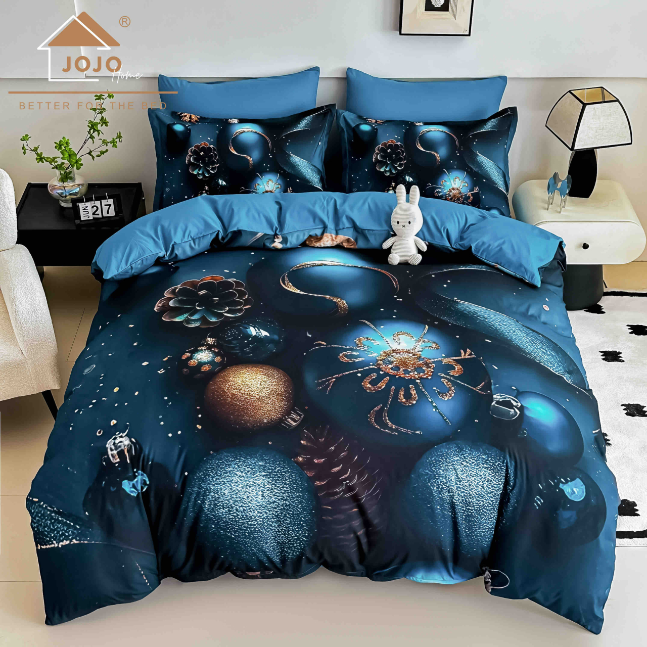 Lenjerie pat de Craciun cu elastic,pat dublu,bumbac finet,6 piese, imprimeu 5D globuri albastre si conuri de brad,albastra-A1193 [1]