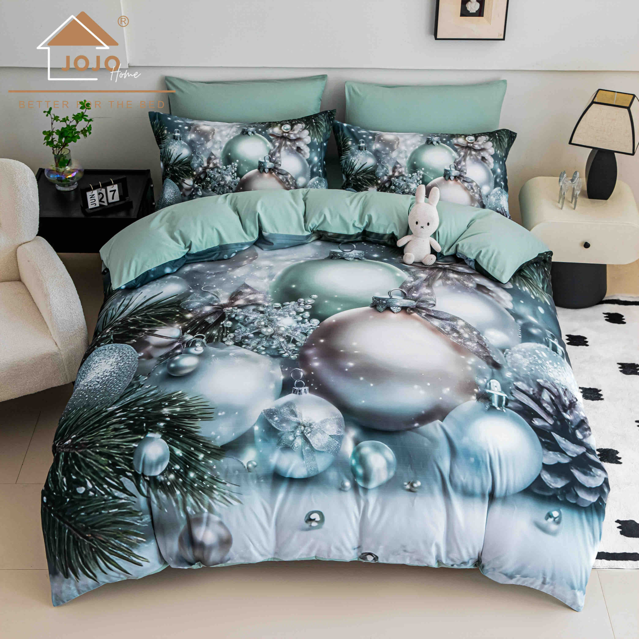 Lenjerie pat de Craciun cu elastic,pat dublu,bumbac finet,6 piese, imprimeu 5D globuri argintii, turcoaz-A1196 [1]