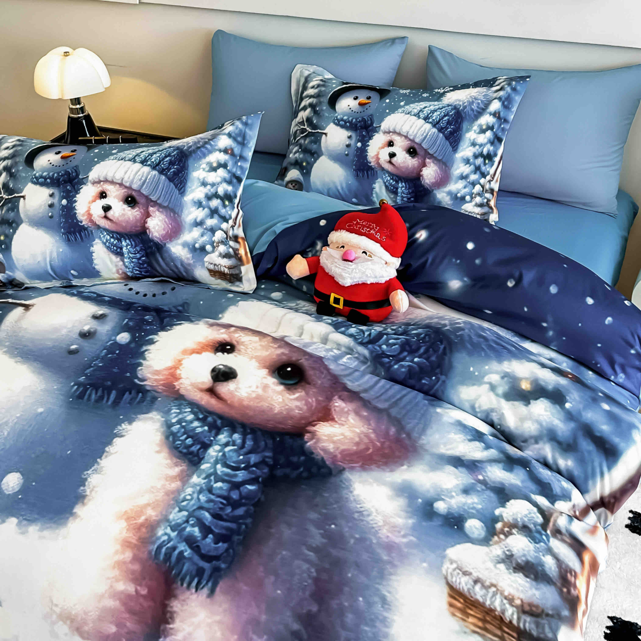 Lenjerie pat de Craciun cu elastic,pat dublu,bumbac finet,6 piese, imprimeu 5D catelus cu om de zapada,albastra-A1190 [2]